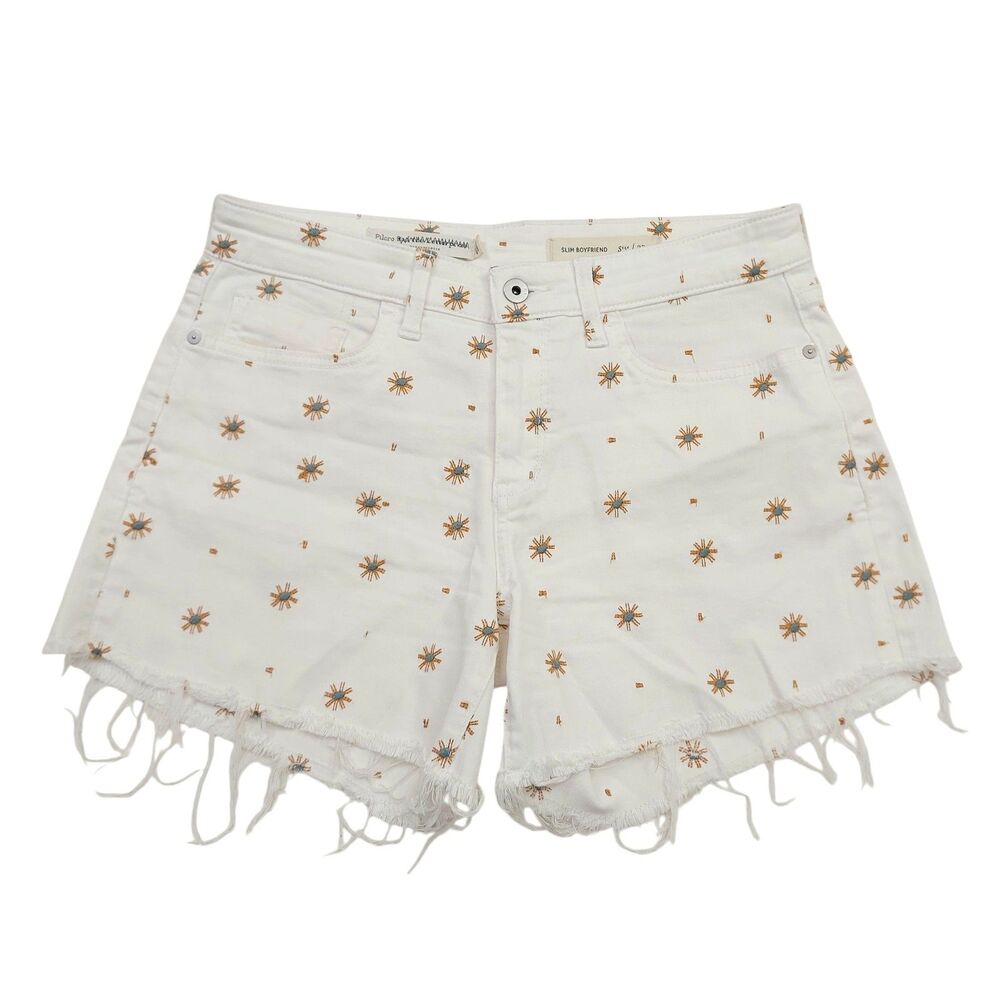 Pilcro by Anthropologie Jean Shorts Womens 27 White Cut-Off Stretch Embroidered